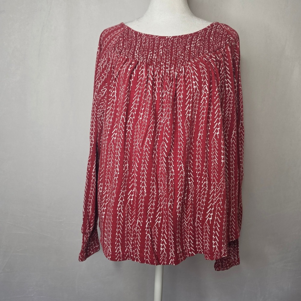 Lucky Brand Chevron Print Smocked Neck Long Sleeve Blouse Size Large